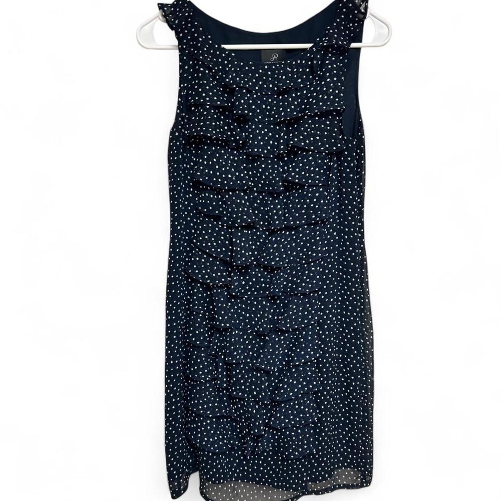 Adrianna Papell navy blue polka dot dress with ruffles‎